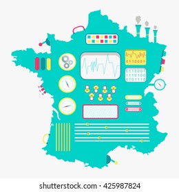 France map shaped machine. Cute engine with buttons, panels and handles. Isolated. White background.