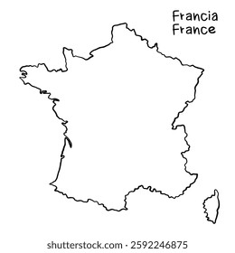 France map, silhouette, continuous line drawing, hand drawn scribble style map
