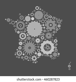 France map silhouette mosaic of cogs and gears. Grey vector illustration on gray background.
