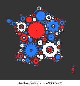 France map silhouette mosaic of cogs and gears. Illustration in national colors on dark grey background.