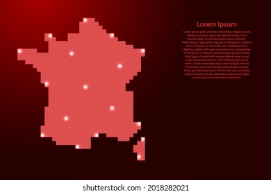 Francia mapea la silueta desde los píxeles cuadrados rojos y las estrellas brillantes. Ilustración vectorial.