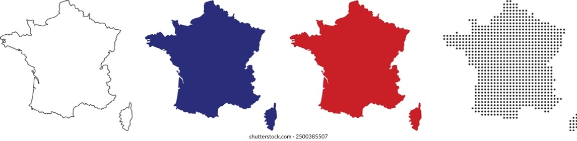 France map in various style outline, blue color, red color, dotted