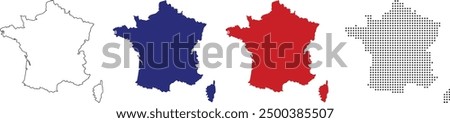 France map in various style outline, blue color, red color, dotted