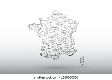 France map vector of black color geometric connected lines using triangles on light background illustration meaning strong network