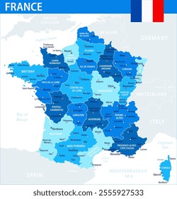 France Map Vector Blue Spot - Customizable layered political map of France with administrative divisions for website, education, reports, news, politics, print, poster and wallpaper