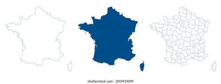 France map vector. High detailed vector outline, blue silhouette and administrative departments. All isolated on white background. Template for website, design, cover, infographics