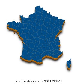 Mapa vectorial de Francia. Mapa administrativo 3D de Francia con sombra caída. Silueta isométrica azul vectorial con departamentos administrativos.  divisiones administrativas