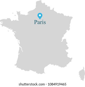 France map vector outline illustration with capital location, Paris, in gray background. Highly detailed accurate map of Paris prepared by a map expert.
