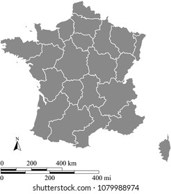 France map vector outline with scales of miles and kilometers and borders of provinces in gray background. French map with mileage and kilometer scales 