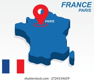 France Map Vetor, Paris Capital Marker on Blue 3D Country Shape, France Infographic Design, Editable Destination Pointer France Geografia