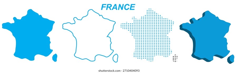 France Map Vector Set, European Outline Silhouette Dotted 3D Solid Shapes, France Country Infographic Template, Editable EPS France Geography