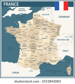 France Map Vector Vintage Dark Blue Beige - Customizable layered political map of France with administrative divisions for website, education, reports, news, politics, print, poster and wallpaper