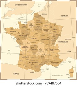 France Map - Vintage Detailed Vector Illustration