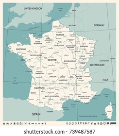 France Map - Vintage Detailed Vector Illustration