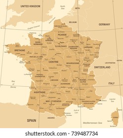 France Map - Vintage Detailed Vector Illustration