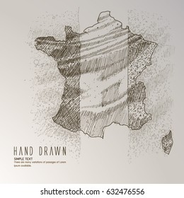 France map with waving flag,Hand Drawn