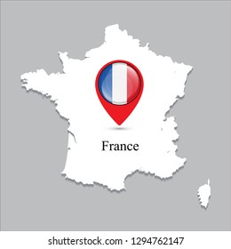 France map with white shadow and country name on the map. Check-in point with a national flag on a gray background.