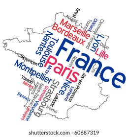 France map and words cloud with larger cities