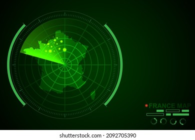 Mapa de Francia - Mapa Mundial Plantilla vectorial internacional con el estilo de radar de círculo futurista HUD, GUI, interfaz de interfaz de usuario aislada en fondo verde oscuro - Ilustración vectorial eps 10