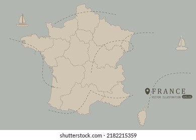 Mapa de Francia - Mapa mundial de la plantilla vectorial internacional Alto detalle con color marrón aislado en fondo gris incluyendo punto de ubicación simple, viento, icono de barco - Ilustración vectorial eps 10