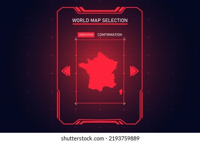Mapa de Francia - Mapa Mundial Plantilla vectorial Internacional con Color Rojo en el estilo de perspectiva y HUD, GUI, interfaz de interfaz de usuario aislada en el fondo negro para el diseño - Ilustración vectorial eps 10