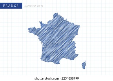 France Map - World Map International vector template with blue outline graphic and pen drawing sketch style isolated on white grid background for design, website - Vector illustration eps 10