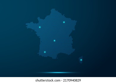 France Map - World Map vector template with dots, grid, grunge, halftone style and light, network line, design sphere on blue technology background -  Vector illustration eps 10