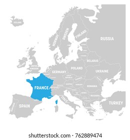 France marked by blue in grey political map of Europe. Vector illustration.