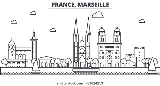 France, Marseille architecture line skyline illustration. Linear vector cityscape with famous landmarks, city sights, design icons. Landscape wtih editable strokes