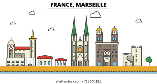 France, Marseille. City skyline: architecture, buildings, streets, silhouette, landscape, panorama, landmarks. Editable strokes. Flat design line vector illustration concept. Isolated icons set