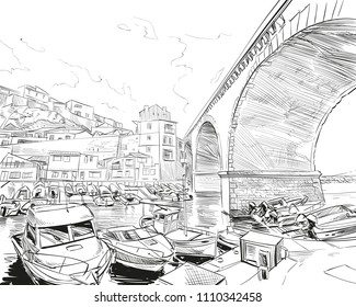 France. Marseille. East Port Valon Des. Hand drawn sketch. Vector illustration.
