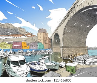 France. Marseille. East Port Valon Des. Hand drawn sketch. Vector illustration.