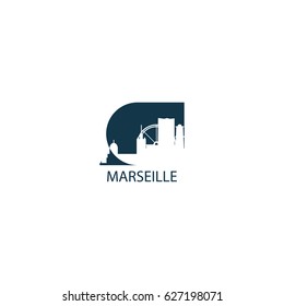 France Marseille modern coast city landscape skyline panorama vector logo flat negative icon