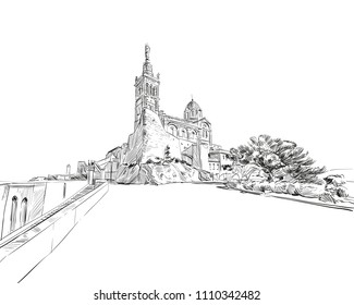 France. Marseille. Notre-Dame de la Garde. Hand drawn sketch. Vector illustration.