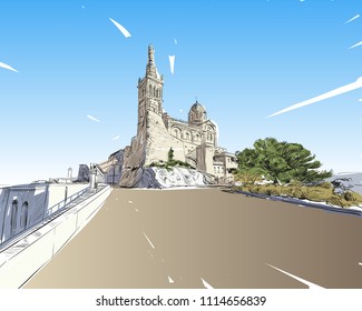 France. Marseille. Notre-Dame de la Garde. Hand drawn sketch. Vector illustration.