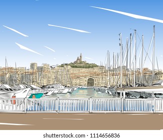 France. Marseille. Old port. Notre-Dame de la Garde. Hand drawn sketch. Vector illustration.