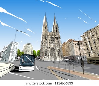 France. Marseille. Église Saint-Vincent-de-Paul. Hand drawn sketch. Vector illustration.