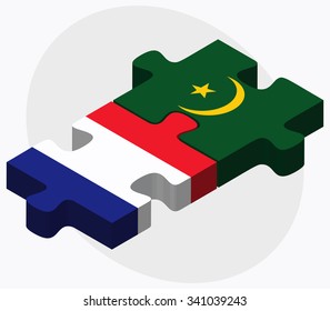 France and Mauritania Flags in puzzle isolated on white background