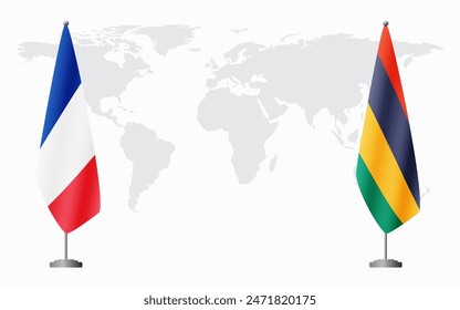 France and Mauritius flags for official meeting against background of world map.