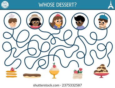 France maze for kids with people and traditional French desserts. Preschool printable activity. Labyrinth game or puzzle with eclair, mousse, profiterole, merengue. 
