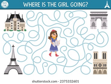 France maze for kids with tourist girl and Paris places of interest. French preschool printable activity. Labyrinth game or puzzle with sightseeing, Eiffel Tower, castle, Notre Dame, Triumphal Arc
