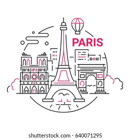 France - modern vector line travel illustration. Have a trip, enjoy your French vacation. Landmark image. An unusual composition with the Eiffel tower, Notre dame, arc de triumphal, tree, city