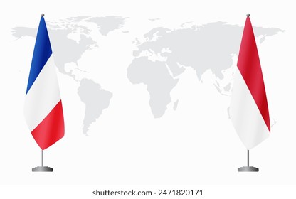 France and Monaco flags for official meeting against background of world map.