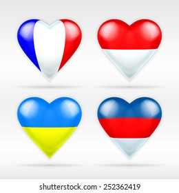 France, Monaco, Ukraine and Russia heart flag set of European states as collection of isolated vector state flags icon elements on white