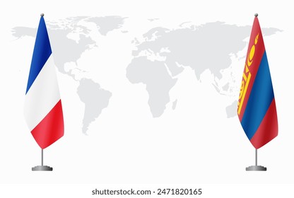 France and Mongolia flags for official meeting against background of world map.