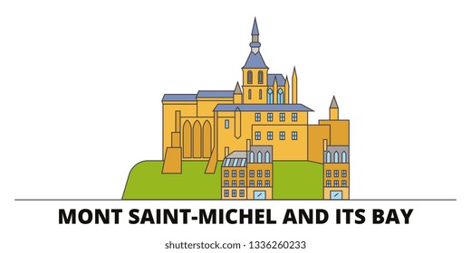 France, Mont Saint Michel And Its Bay Landmark flat landmarks vector illustration. France, Mont Saint Michel And Its Bay Landmark line city with famous travel sights, skyline, design. 