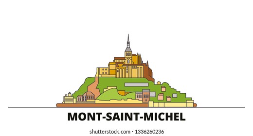 France, Mont Saint Michel And Its Bay flat landmarks vector illustration. France, Mont Saint Michel And Its Bay line city with famous travel sights, skyline, design. 