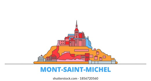 Frankreich, Mont Saint Michel und seine Bay Line Stadtlandschaft, flacher Vektor. Sehenswürdigkeiten der Stadt, Kulturerbe, Linienweltsymbole