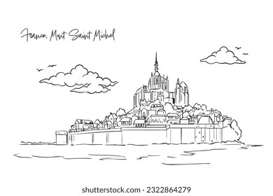 France, Mont Saint Michel with hand drawing concept, print, doodle, vector illustration (Vector)
