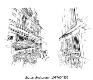 France. Montpellier. Hand drawn street cafe sketch. Vector illustration.